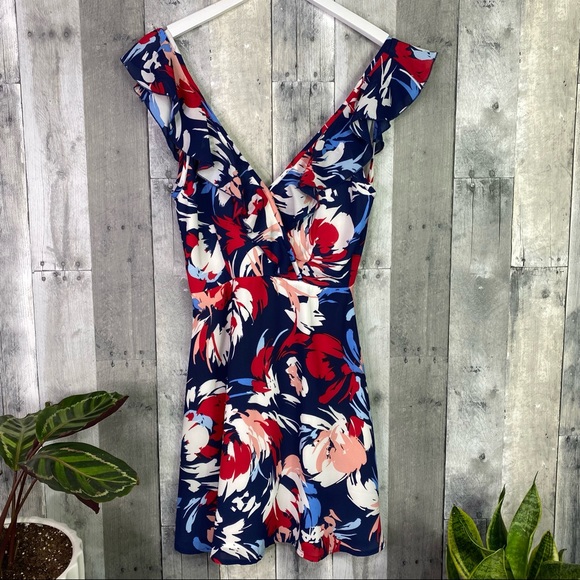 LULUS Red Blue Fit & Flare Swing Floral Dress Open Back Size Small - Picture 1 of 10